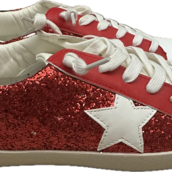 Red and White Sporty Low-Top Glitter Star Sneakers - Picture 4 of 4